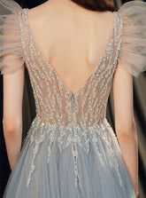 Gorgeous Beaded V-Neck Prom Dress with Bubble Sleeves